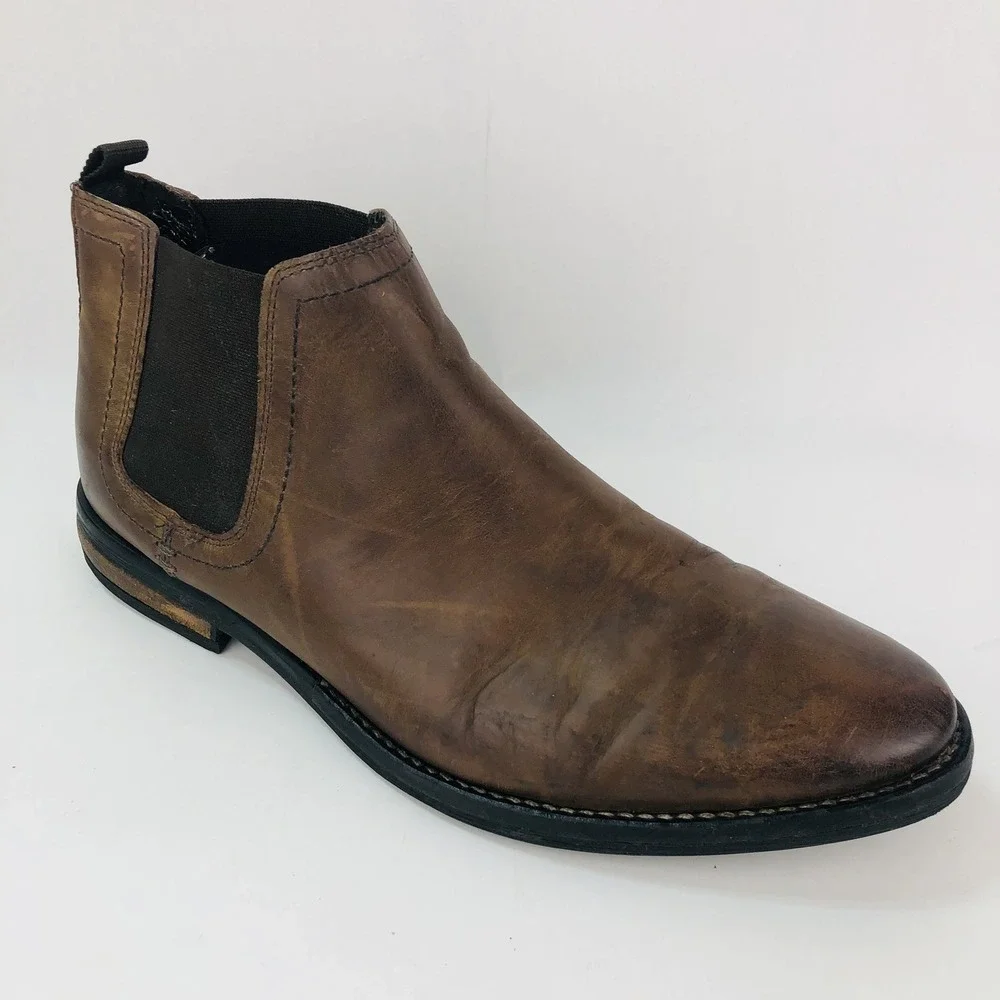 River Island Mens 8.5 Brown Leather Pull On Chelsea Ankle Boots Casual